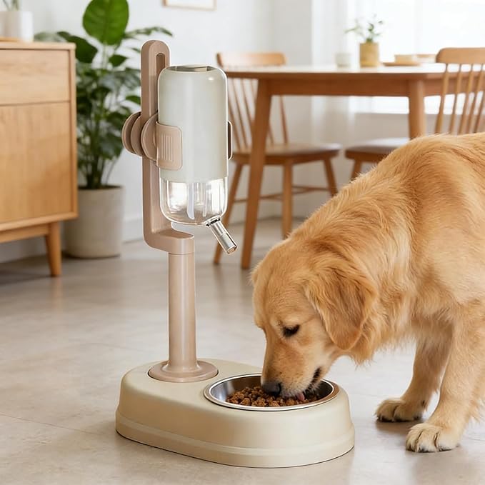 Pet Cat Dog Water Dispenser, 2026 New Pet Standing No Drip Easy Clean Automatic Feeders with Stand, 2 in 1 500ml Multifunctional Detachable Height for Dogs Cats (Beige)