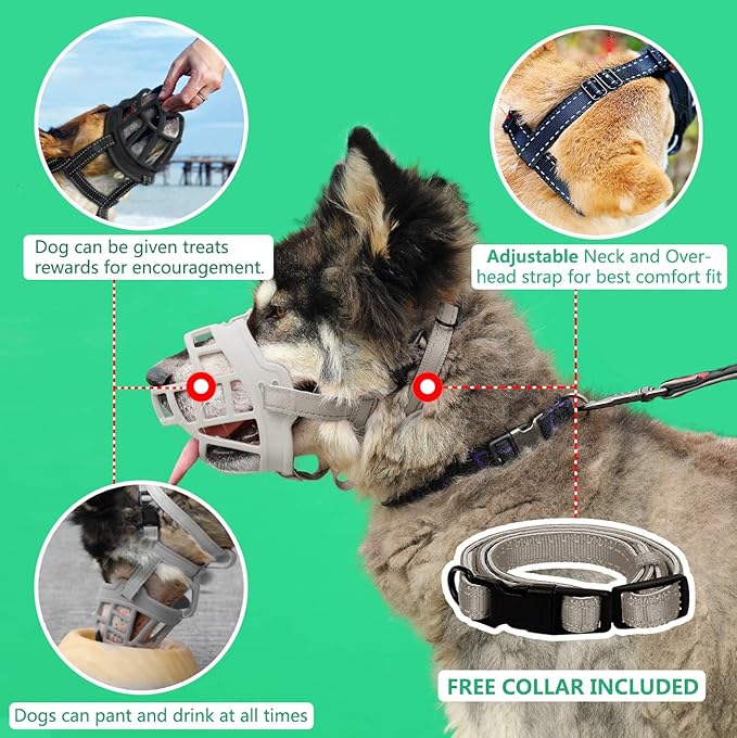 BARKLESS Dog Muzzle, Soft Silicone Basket Muzzle for Dogs, Allows Panting and Drinking, Prevents Unwanted Barking Biting and Chewing, Included Collar and Training Guide