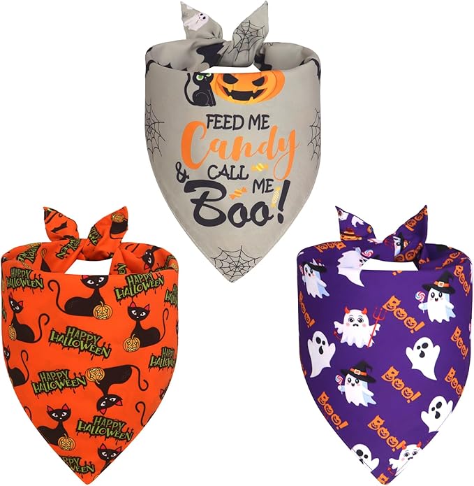 Halloween Dog Bandanas Large 3PCS, 6 Pattern Fall Scarf for Boy and Girl, Triangle Reversible Bibs Breed for Puppy Pets