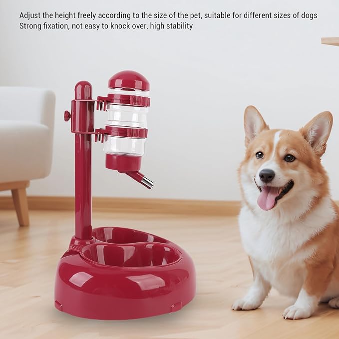 Asixxsix Pet Standing Water Dispenser, Height Adjustable Automatic Water Feeder Food Feeder Bowl, Dog Water Bottle Dispenser Food Bowl, Dog Cat Feeding Water Bowl Set (Wine Red)
