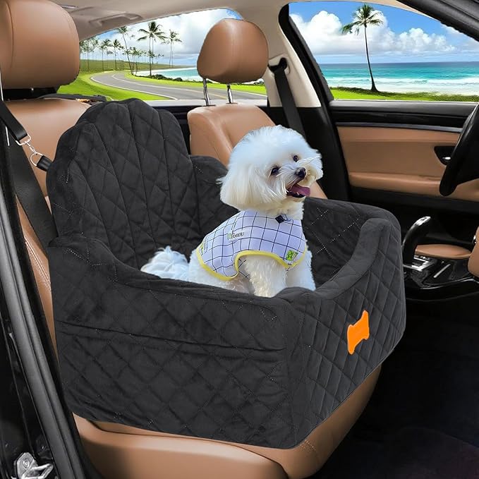 Dog Car Seat for Small Dogs Under 30lbs, Detachable Washable Pet Booster Seat with Safety Belt & Storage Pockets, Travel Car Bed, Black