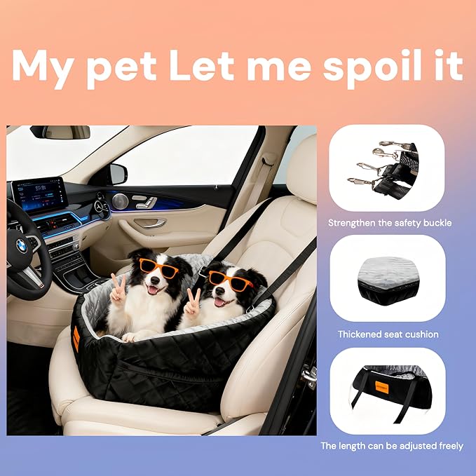 Dog Car Seat for Small Pets, Detachable Washable Pet Booster Seat Under 30lbs, Travel Bed with Storage Pockets and Dog Safety Belt (Black/Grey)