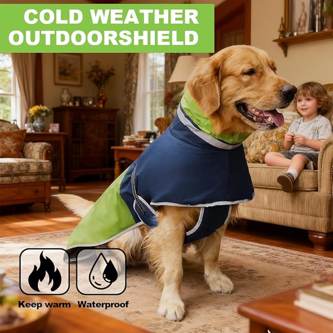 Waterproof Dog Winter Coat, Reflective Turtleneck Fleece Jacket with Snow Protection for Large Dogs, Cold Weather Pet Clothing (Green, 6XL)