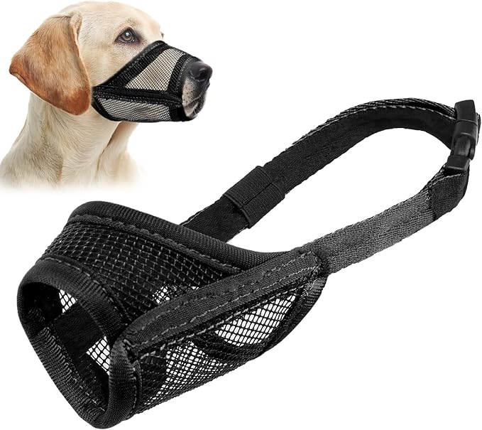 LUCKYPAW Dog Muzzle, Mesh Muzzle for Small Medium Large Dogs, Soft Dog Mouth Cover to Prevent Biting Chewing, Drinkable Breathable Adjustable Puppy Mouth Gaurd(M(Snout: 5¼"-7"), Black)