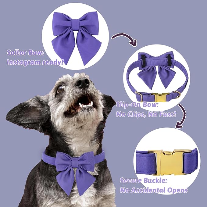 Maca Bates Purple Dog Collar with Cute Petunia Solid Sailor Bow Tie,Large Girl Boy Dogs,Girly Adjustbale Durable Breakaway Soft Collars with Bowtie for Female Male Puppy,Pet with Metal Buckle