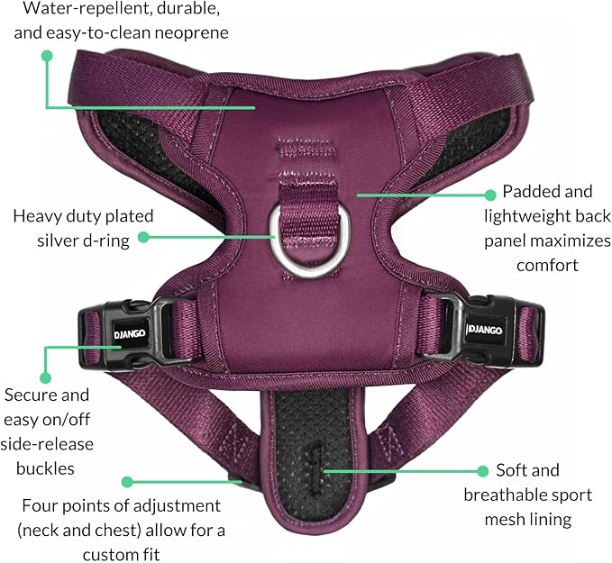 DJANGO Tahoe No Pull Dog Harness – Escape-Proof Dog Harness for Medium & Large Dogs w/Front & Back Clips for Everyday – Adjustable, Padded, Reflective, Secure, Easy On/Off – Raspberry Purple, Large