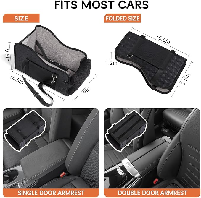 Center Console Dog Car Seat,Pet Puppy Car Seat,Middle Console Dog Armrest Booster Seat for Small Dogs(Leather Black)