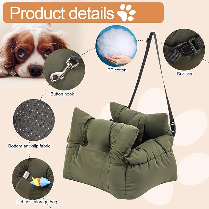 Medium Dog Car Seat Up to 28lbs - Pet Travel Bed Booster with Storage, Safety Tether, Anti-Slip Bottom for Cars(Green)