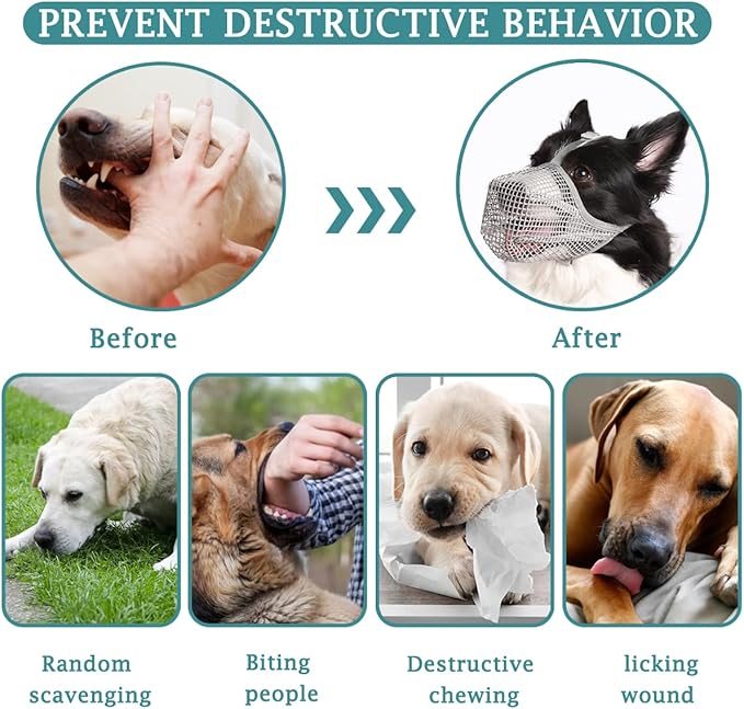 Mayerzon Dog Muzzle, Patented Mesh Muzzles for Small Medium Large Dogs, Soft Covered Mouth Guard with Adjustable Straps, Prevent Biting Chewing and Licking