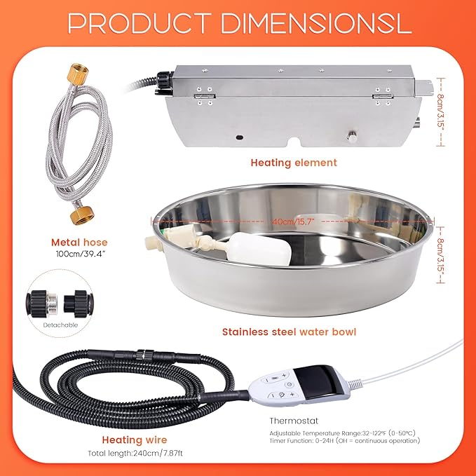 Heated Automatic Dog Water Bowl Dispenser Outdoor Heated Pet Waterer Thermal-Bowl Auto Fill Water Bowl for Large Dog, Cat, Chicken, Duck, Adjustable Temperature & Timer