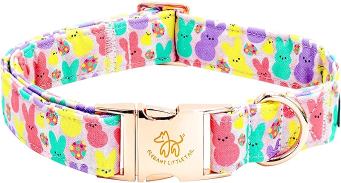 Elegant little tail Easter Dog Collar, Bunny Print Pet Collar Durable Cotton Dog Collars Girl or Boy Metal Collars Holiday Pet Gift Adjustable Dog Collar for Large Dogs