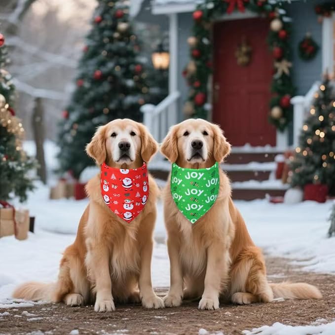 Christmas Dog Bandanas 2-Pack for Medium Large Dogs - Reversible Santa & Stripes Print Scarf, Red & Green Pet Costume Accessory for Holiday Parties