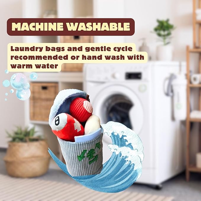 Dog Squeaky Toys, Plush Puzzle Dog Toy for Small Medium Large Dogs, Chew Fetch Brain Stimulating Toy, 3 Durable Small Dog Toys with a Big Trash Can