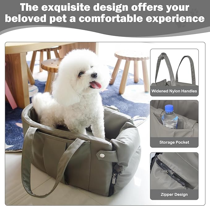 Portable Small Dog Seat for Car, Luxury Leather Center Console Dog Car Seat Booster with Safety Tethers, Anti-Collapse Pet Travel Carseat for SUV, Truck