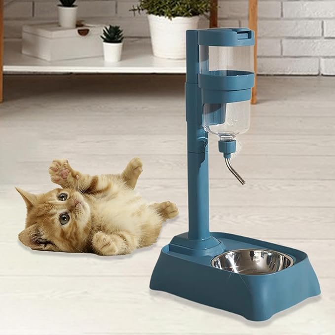 Pet Feeder Waterer Water Bottle Stand Adjustable Height 2 in 1 Food Container Automatic Food Feeder Dog Bowl for Rabbits Cat, Blue
