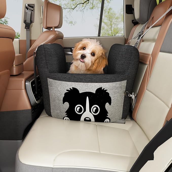Dog Car Seat for Small Dogs,Waterproof Dog Booster Car Seat with Storage Pockets,Pet Carseat Puppy Travel Carrier Bed,Thickened Memory Foam Filling, Black & Grey