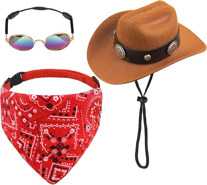 Pet Cowboy Costume with Dog Cowboy Hat Cat Bandana Scarf Sunglasses Western Cosplay Halloween Costumes for Small Dogs Cats Accessories
