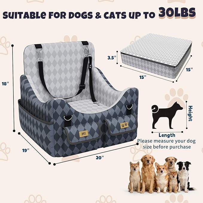 Dog Car Seat for Small/Medium Dogs up to 35lbs, 4-Pocket Storage Memory Foam Dog Booster Seat, Detachable Washable Pet Car Seat with Safety Belt, Outdoor & Indoor Use