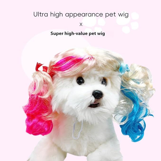 Pet Wig for Dogs and Cats, Realistic Adjustable Costume Wig with Simulated Hair for Small Medium Large Pets, Halloween Cosplay Party Photo Shoot Fun Accessory (Red)