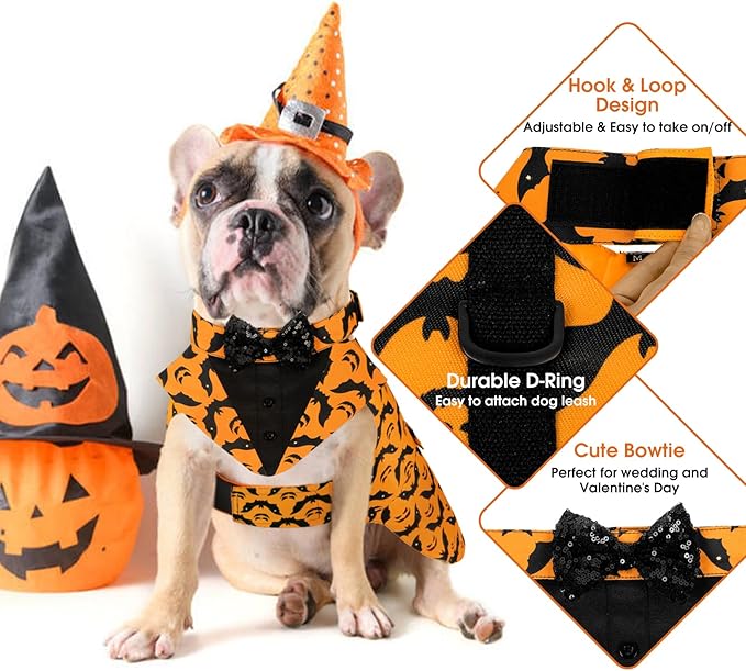 Kuoser Dog Tuxedo Suit and Bandana Set, Bat Pumpkin Print Dogs Halloween Outfit Adjustable Dog Halloween Costume with Bow Tie for Large Medium Small Dogs Golden Retriever Samo Bulldogs, Orange M