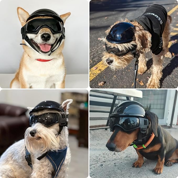 PETLESO Dog Goggles for Small Dogs with Helmet, 2PCS Doggy Sunglasses and Pet Motorcycle Helmet Set for Small Medium Breed Outdoor Driving Walking, Black