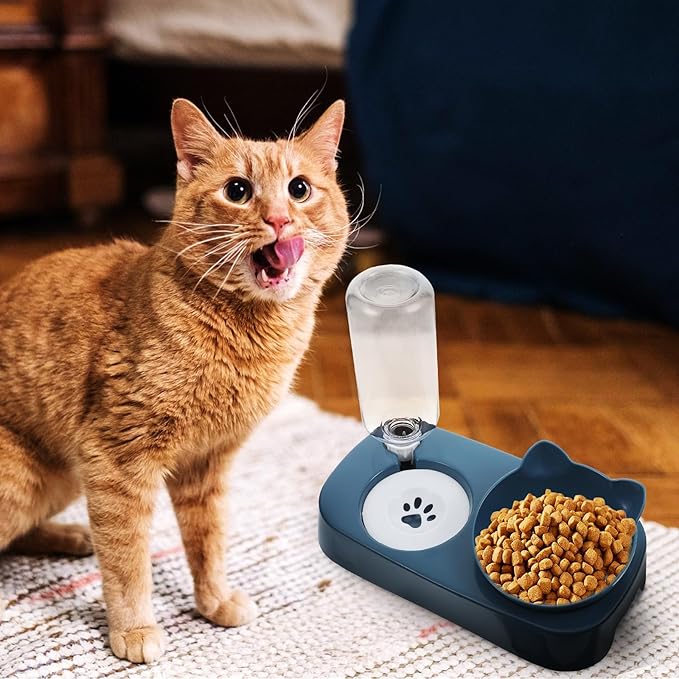 Pet Automatic Water Feeder and Raised Dog Bowl Neck Protection, Blue Non-Spill Cat and Puppy Drinking Bowl for Indoor Use