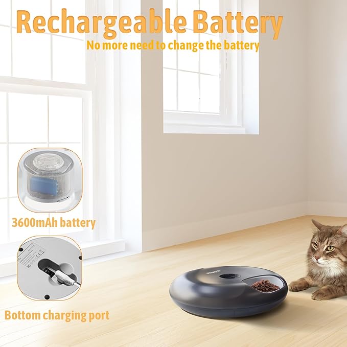 Wireless Automatic Cat Feeder with 4 Ice Packs,6-Compartment Feeding Tray,Rechargeable High-Capacity Battery Timer Cat Feeder,for Cats and Small Dogs - Black