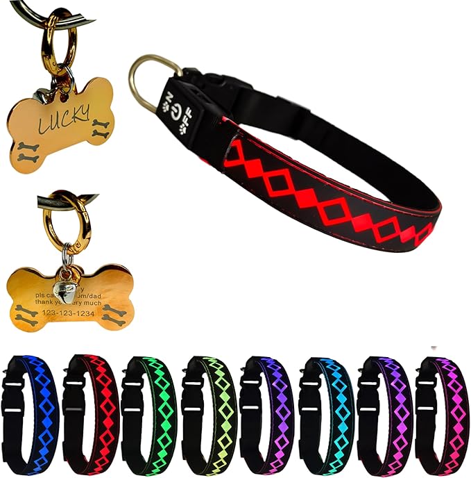 LED Dog Collar with ID Tag, 15 Light Modes, Waterproof Silicone, Night Safety (Black, M(11.8-15.7"))