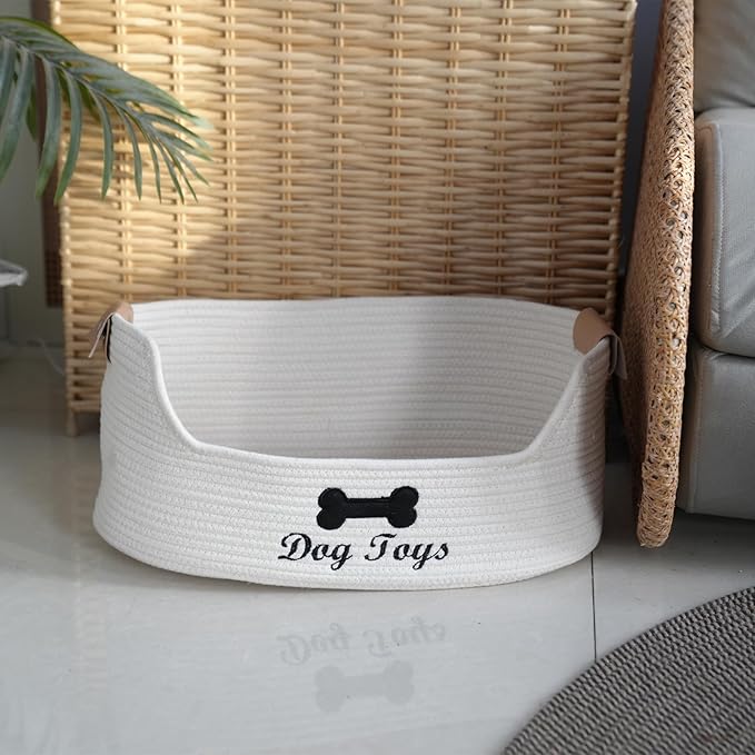 JJSQYLAN Large Dog Toy Basket, Cotton Rope Pet Toy Bin Organizer, Pet Toys Storage Accessory, Dog Basket for Toys