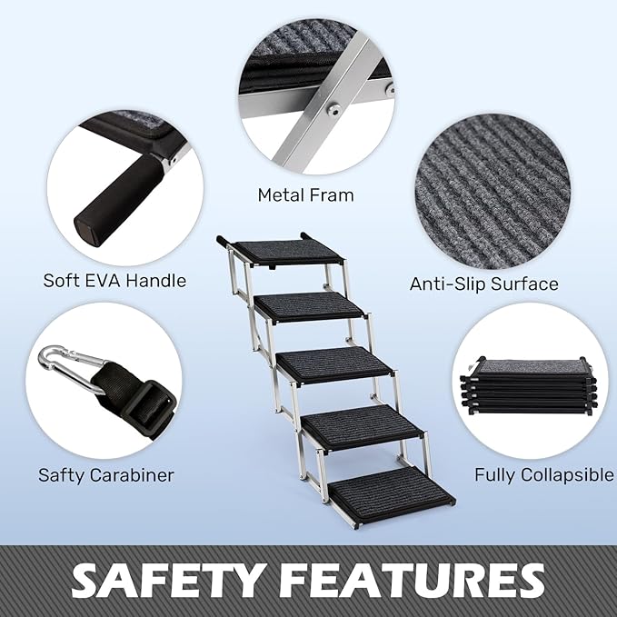 Extra Wide Dog Steps for Car, Truck and SUV - Foldable Pet Stairs for Large Dogs with Non-Slip Rug Surface, Lightweight Dog Ramp Holds Up to 250lbs, 5 Steps