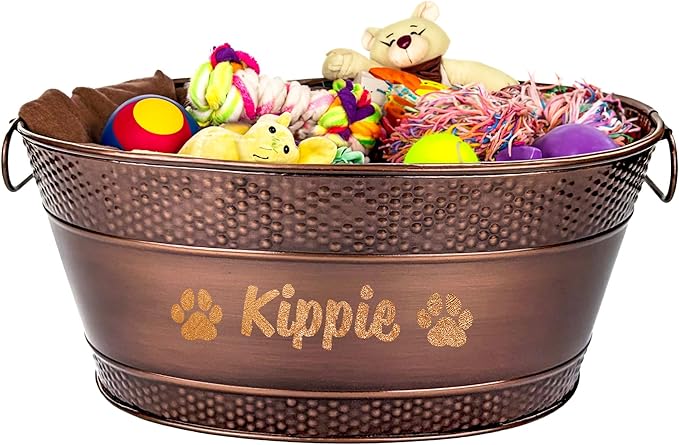 BREKX Personalized Metal Dog Toy Bin - Copper Galvanized Storage Bin with Handles, Basket for Pet Toys, Dog Toy Box, Pet Storage - Custom Dog Name Gift