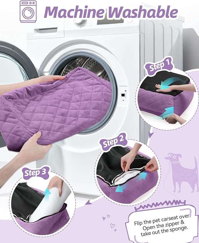 Dog Car Seat for Small Dogs Up to 25lbs,Soft Washable Fabric Fill in Memory Foam,Easy to Assemble with 2 Clip-On Safety Leashes and Storage Pockets,Front or Back Seat are Both OK(Purple)