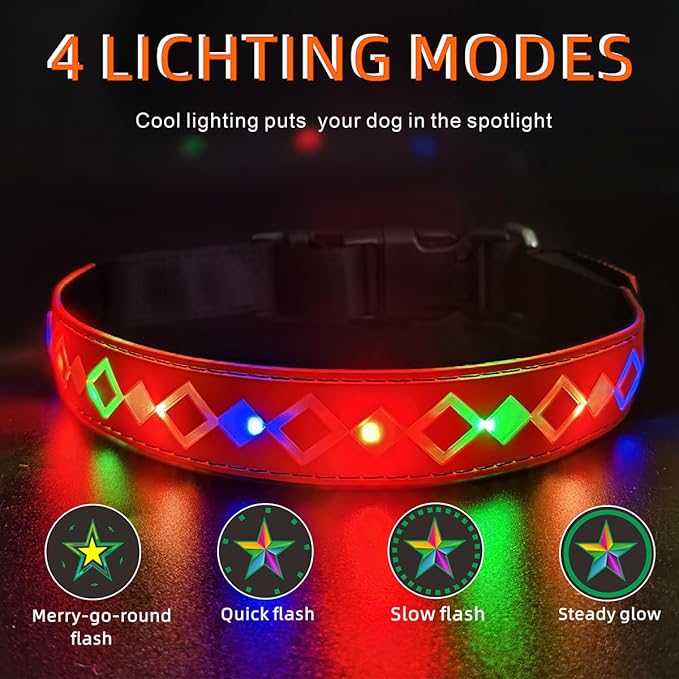 LED Dog Collar, 15 Light Modes, USB-C Rechargeable, Adjustable Silicone, Multiple Colors (RED Pro, XL(19.7-23.6"))