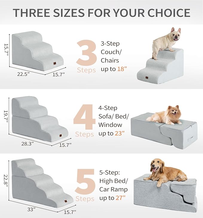 Made4Pets Dog Stairs Ramp for Bed 19.7" H, 4-Step Dog Steps for High Bed Couch Sofa Climbing, 35D Foam Pet Steps for Small Dogs and Cats, Non-Slip Bottom Pet Stairs, Light Grey