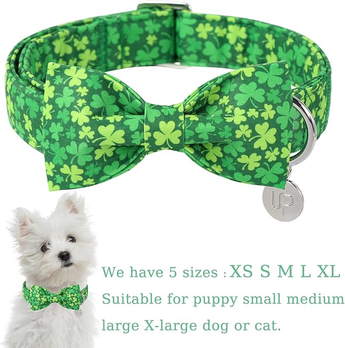 St. Patrick's Day Dog Collar with Bow Tie, Lucky Shamrock Bowtie Collar Adjustable for Girl Boy Dog, Trefoil Dogs Collars Durable, Spring Green Collars for Dogs, M, Neck 13.5-22in