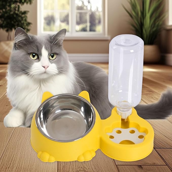 Dog Bowl with Automatic Water Bottle Practical Pets Water and Food Bowl Set for Small Medium Dogs Puppy- Yellow