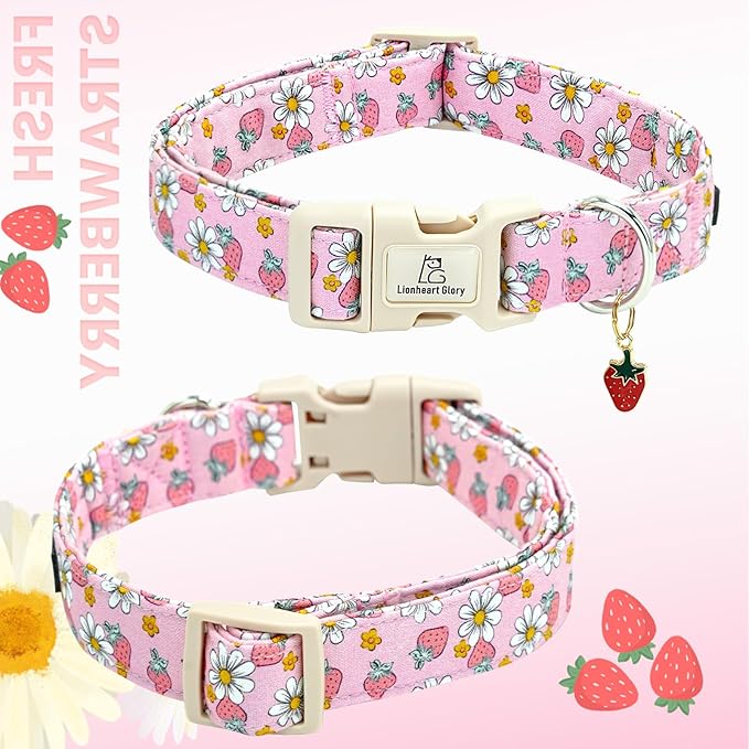 Lionheart glory Dog Collar Strawberries Print Pink Dog Collars Girl Spring Summer Cute Collar Pet Gift Durable Adjustable Dog Collar for Lage Dogs