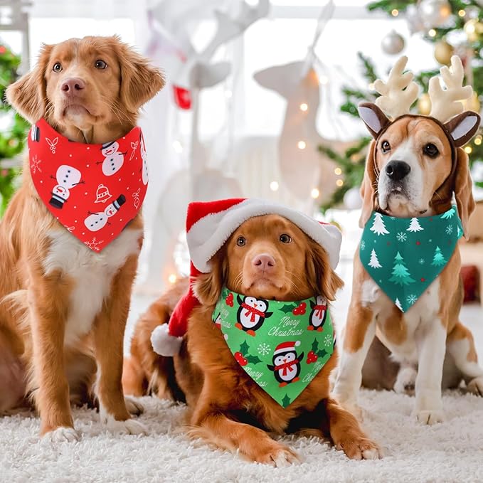 Preboun 50 Pcs Christmas Dog Bandanas Bulk Red and Green Bandanas for Dogs Triangle Kerchief Bibs Scarf Set for Pet Xmas Costume Photo Props Accessories Pet Shops, 25 Styles (31.5 x 21.7 x 21.7)