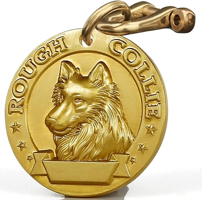 Vintage Pure Copper Pet ID Tags, Personalized Dog Tags, Three-Dimensional Relief Pet Pattern, Lettering on The Front and Back, Custom Pet Tags (B31-Rough Collie)