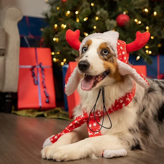 Huxley & Kent Pet Hat | Antler Red Fairisle (Medium) | Festive Christmas Holiday Accessory for Dogs/Cats | Holiday Pet Hat | SnugFit Sliding Toggles for Best Fit