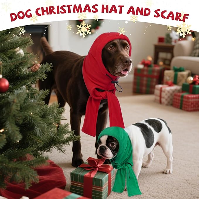 DENTRUN Dog Hood with Scarf - Warm Fleece Ear Cover for Medium Dogs, Adjustable Christmas Outfit with Pom Pom, Red (M:10-13" Head Girth)