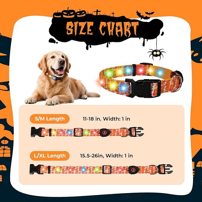 Halloween Light Up Dog Collar, LED Dog Collar Glow in The Dark - USBC Rechargeable, 3 Flashing Modes, Fashionable Cute Glowing Dog Light Up Collars for Medium Large Dogs, L