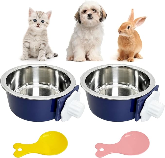 Hamiledyi Crate Dog Bowl Cat 2 Pcs Removable Stainless Steel Hanging No Spill Pet Bowl for Kennels Durable Detachable Design Fits Small Medium Dog Cages (Dark Blue