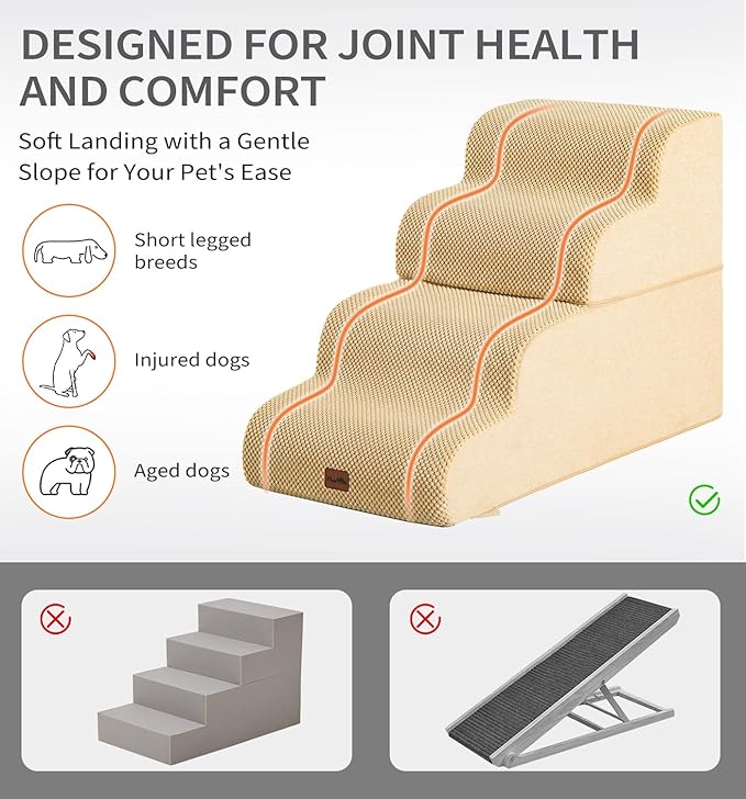 Made4Pets Dog Stairs Ramp for Bed 19.7" H, 4-Step Dog Steps for High Bed Couch Sofa Climbing, 35D Foam Pet Steps for Small Dogs and Cats, Non-Slip Bottom Pet Stairs, Tan