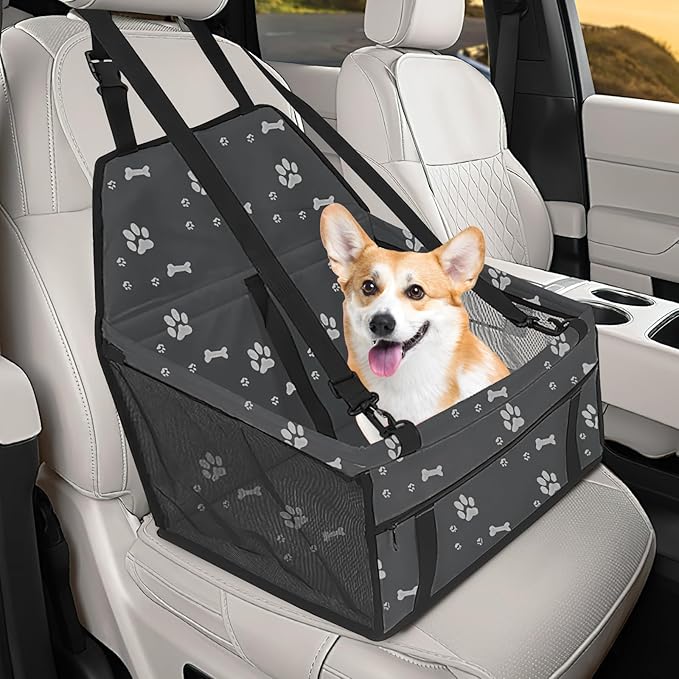 Wuyaoyao Pet Car Seat, Waterproof Breathable Oxford Cat Dog Car Booster Seat for Small Pets, Foldable Portable Vehicle Puppy Travel Basket with Seatbelt & Support Rod, for Pet Up to 22 lbs (Dark Gray)