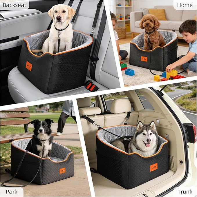 MCY Dog Car Seat for Small Dogs, Elevated Pet Car Seat, Travel Safety Pet Seat for Dogs up to 35 lbs, Memory Foam Booster Dog Seat with Washable Removable Cover, Storage Pockets, Black (Black-Gray)