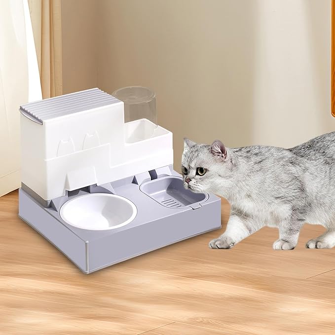 Automatic Cat Feeder, Cat Bowl and Water Feeder, 2 in 1 Pet Food Bowl, Easily Clean for Rabbits Cats Dogs Small Animals Puppy, Gray