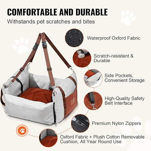 VEVOR Dog Car Seat, Waterproof Dog Booster Seat for Car with Side Handles and a Storage Pocket, Clip-On Safety Leash and PP Cotton Filling, Vehicle Bed for Small Dogs up to 25lbs, Gray