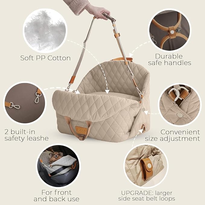 Dog Car Seat for Small Dogs, Pet Seats for Cars with Clip-On Safty Leash, Detachable Washable Pet Car Seat Travel Bed Under 25lbs (Grey)