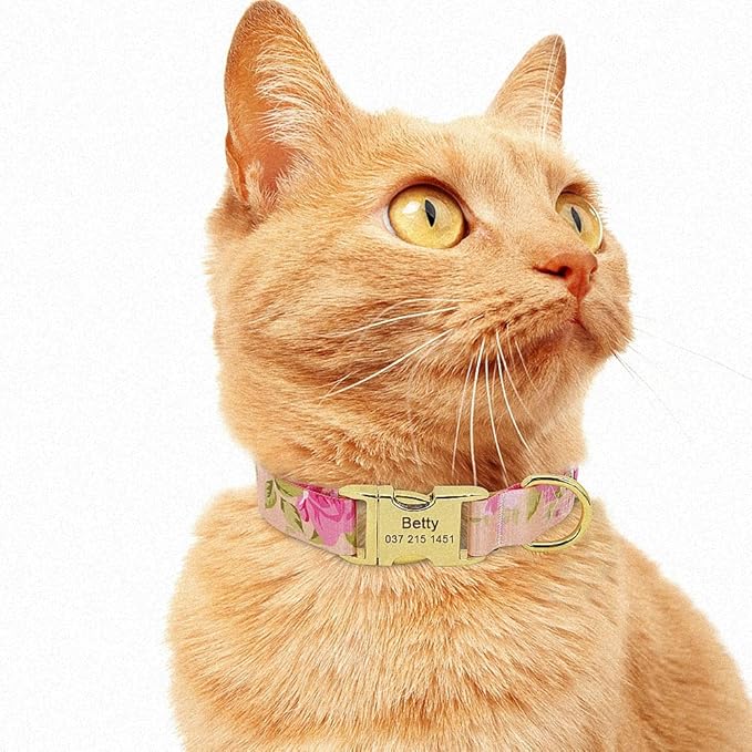 Fashion Custom Dog Collar Personalized Pet Collars Nylon Flower Print Dog ID Collars Engraved Name for Small Medium Large Dog Pink L